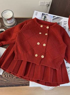 韩版童装2025新款秋冬女童双排扣毛衣开衫针织红色百褶裙两件套潮