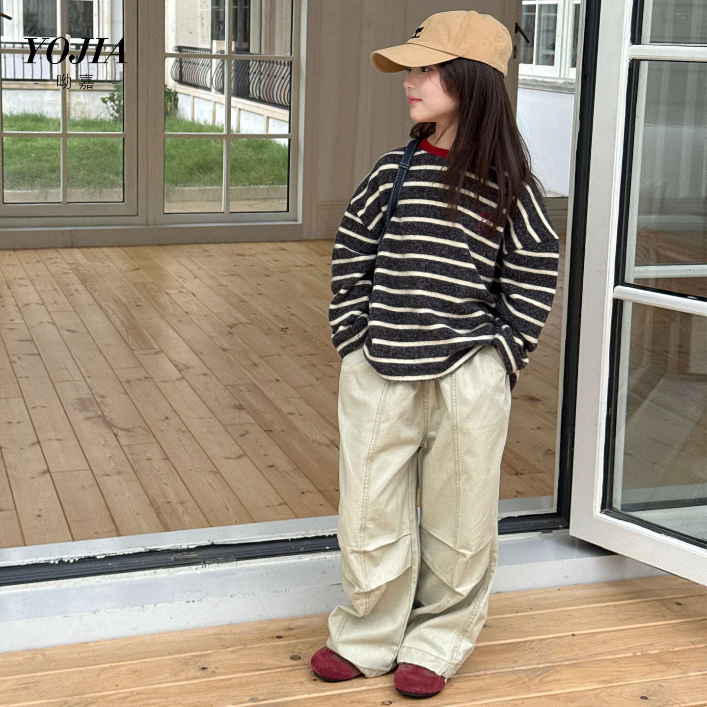 YOJIA女童打底衫秋冬2025新款洋气条纹小女孩长袖T恤加绒儿童