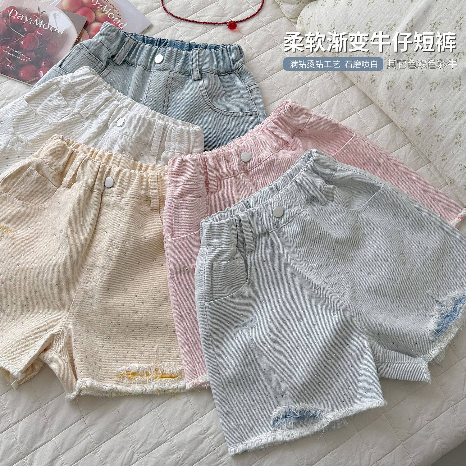 谢金毛女童牛仔短裤烫钻毛边2026夏装新款儿童五分裤子中小童中裤