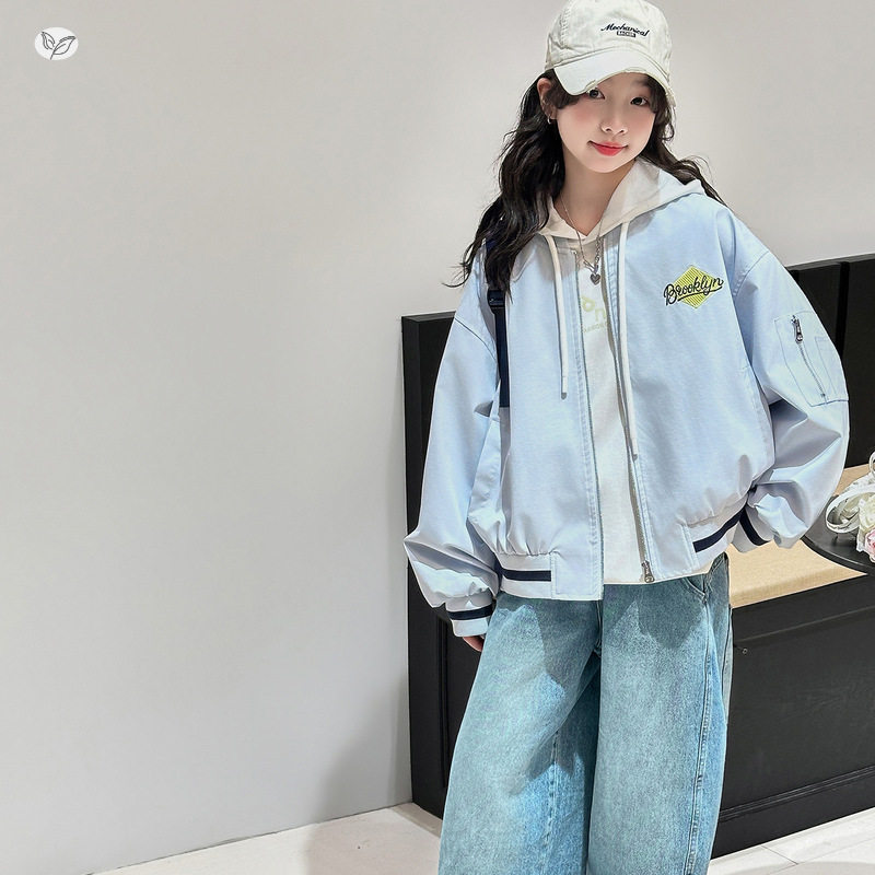 女童棒球服外套2026年春季新款中大童字母刺绣短款夹克衫春秋开衫