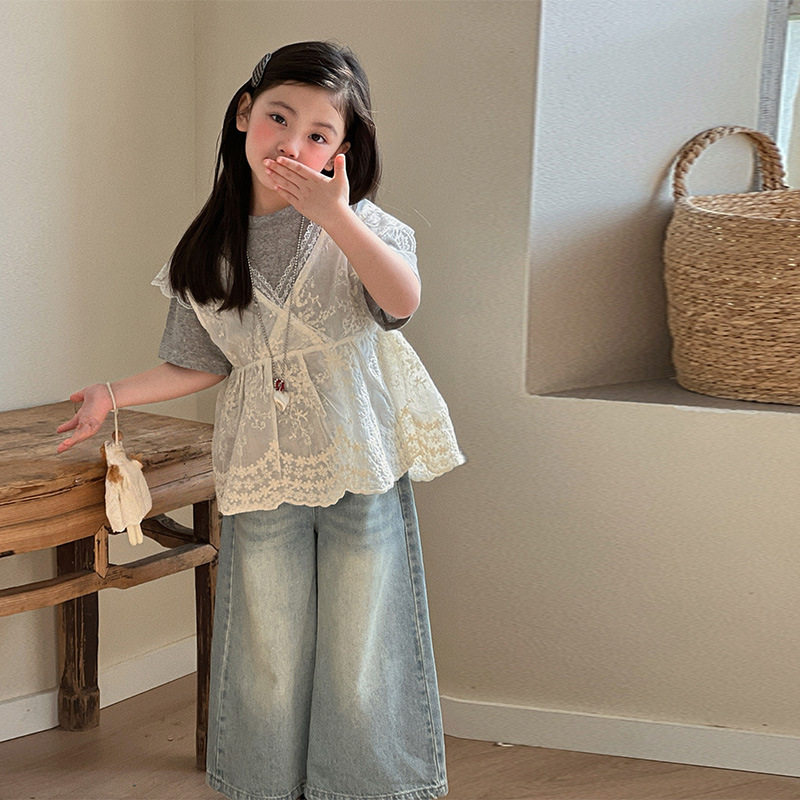 女童显瘦短袖T恤蕾丝背心三件套春夏季时尚百搭遮肉阔腿裤套装潮