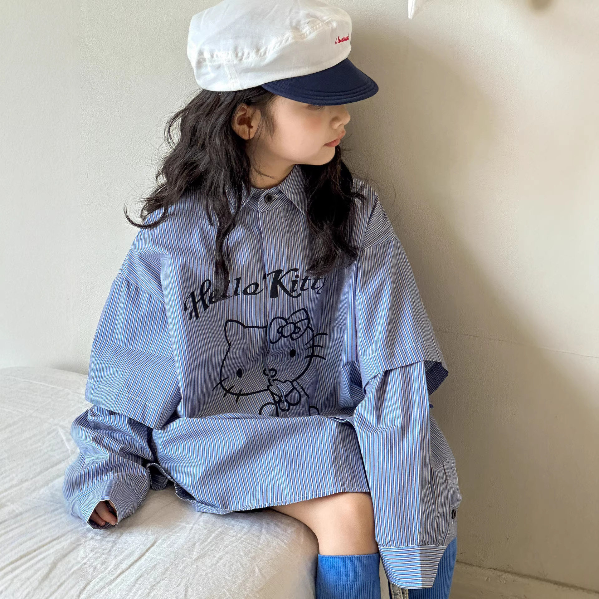 小红鱼女童衬衫春秋款2026亲子初中生儿童假两件卡通长袖衬衣上衣