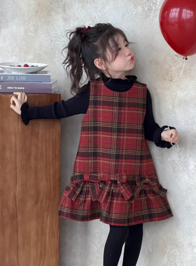 童森童马女童拜年服连衣裙冬装2026新款儿童加绒红色格子裙公主裙