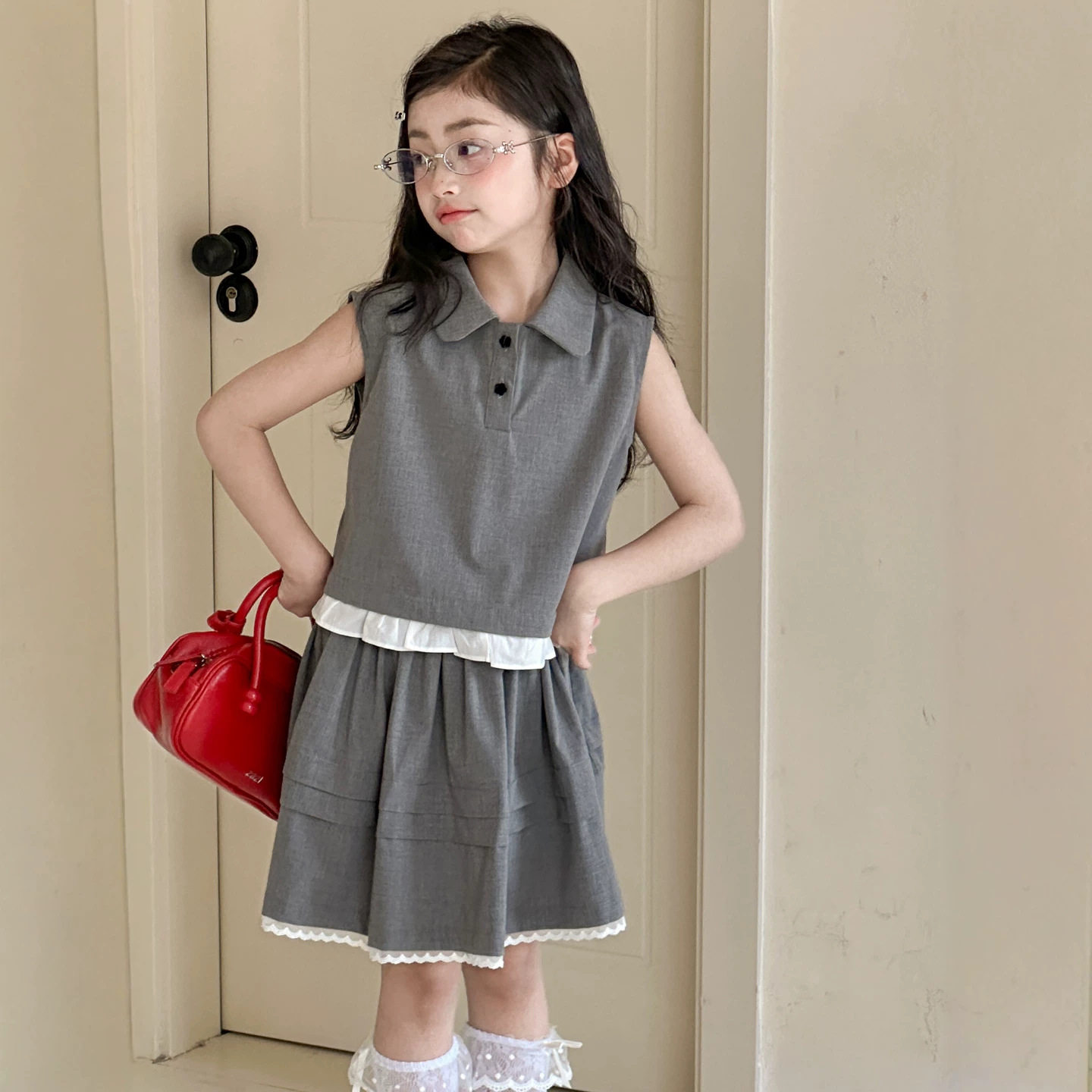 小红鱼女童衬衫套装夏装2026新款亲子装女孩无袖衬衣儿童装两件套