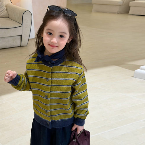 Maiyoyo麦哟哟儿童复古条纹撞色针织小开衫女宝宝休闲毛衣外套