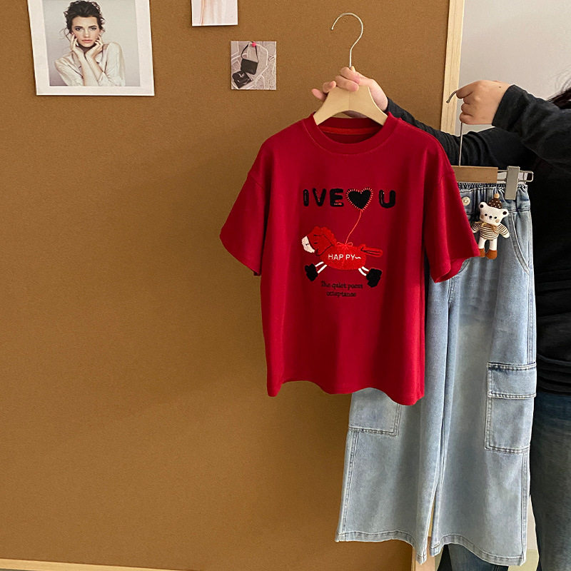 女童2026宽松纯棉百搭时尚卡通T恤儿童牛仔裤运动长裤子两件套装