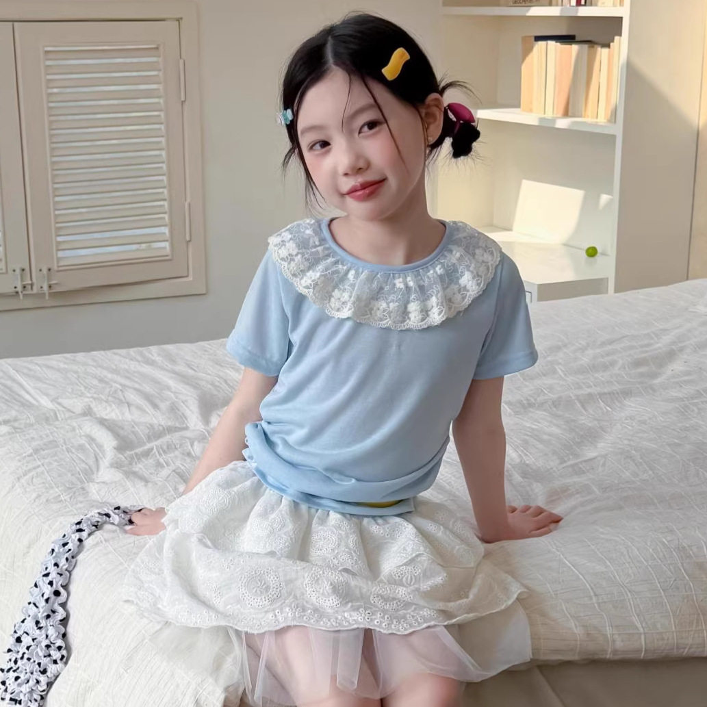 女童韩版蕾丝花边领短袖T恤2026夏款女宝亲肤透气浅蓝上衣打底衫