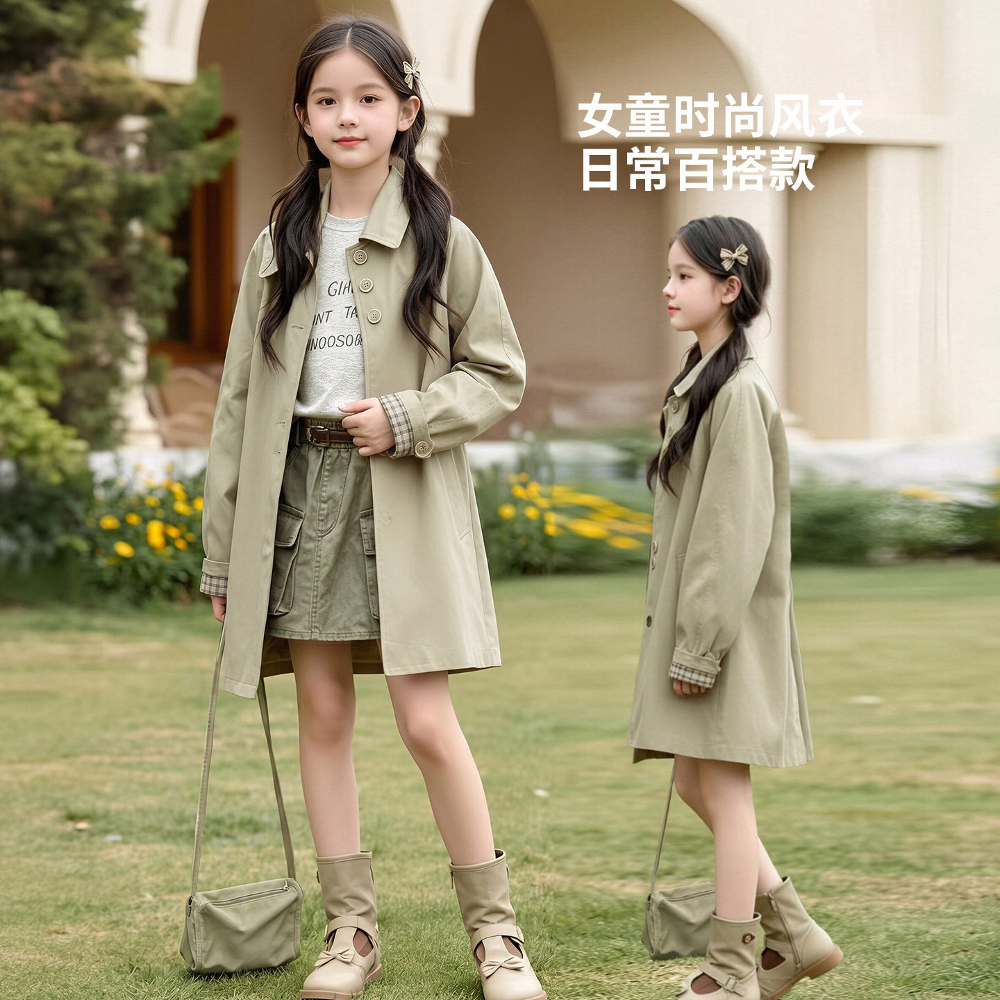 女童风衣中长款格子袖口单排扣女童外套2026韩系儿童春秋款大衣