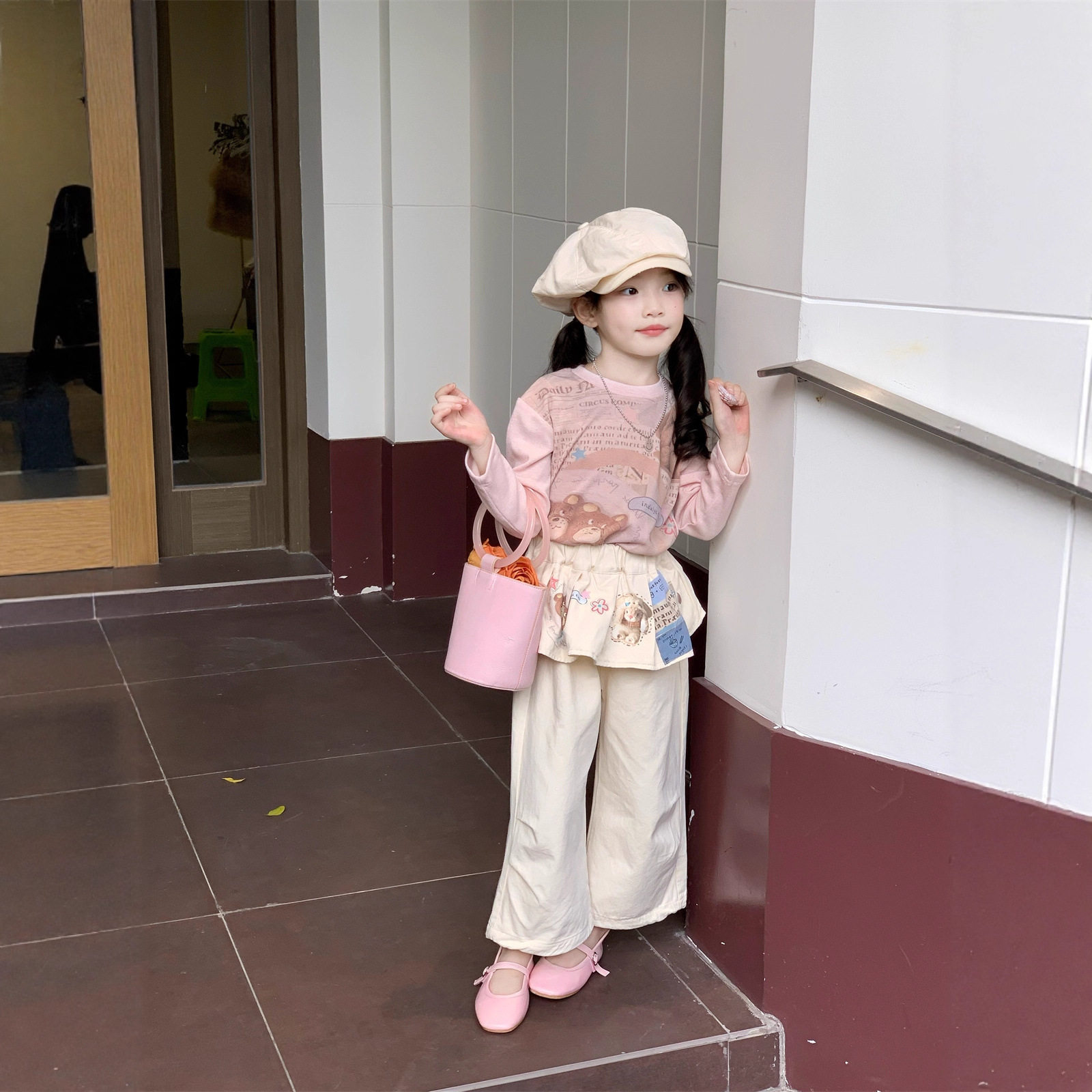 2026春季新款 女童洋气小熊打底衫+卡通休闲裤两件套儿童春装套装