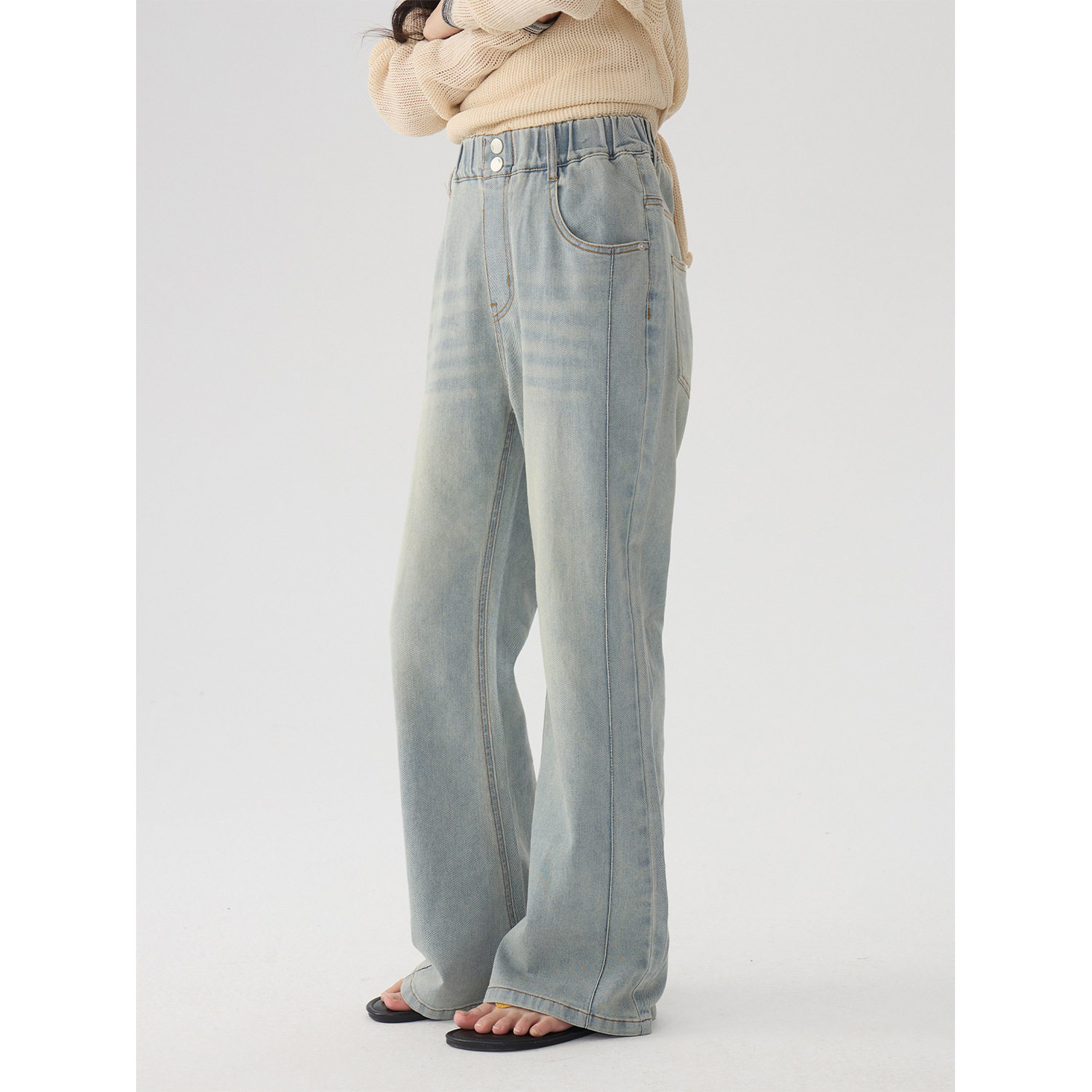 女童做旧水洗牛仔喇叭裤2026春装新款儿童侧拼修身微喇百搭休闲裤