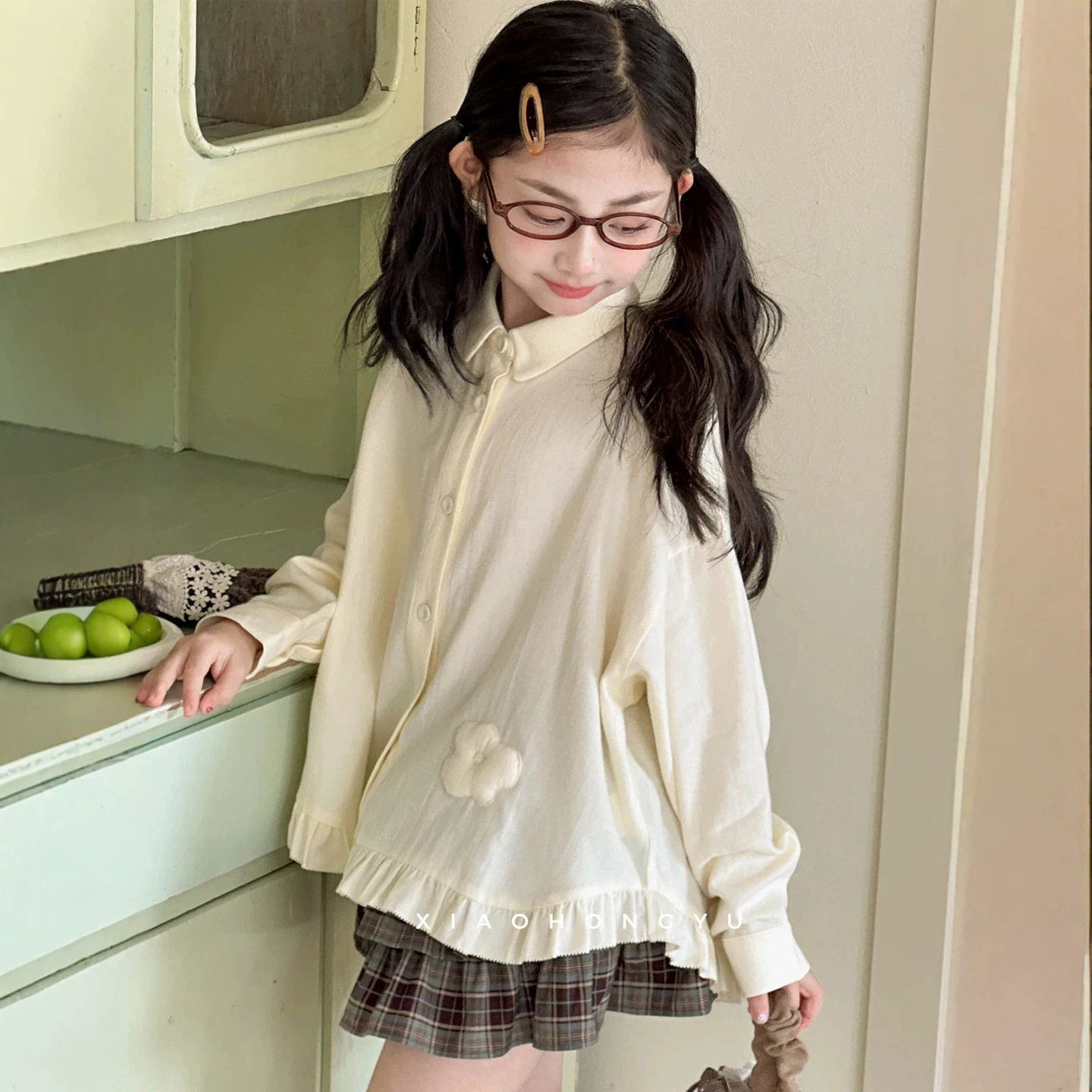 小红鱼女童长袖衬衫外套秋装2026新款秋季翻领上衣儿童亲子装衬衣