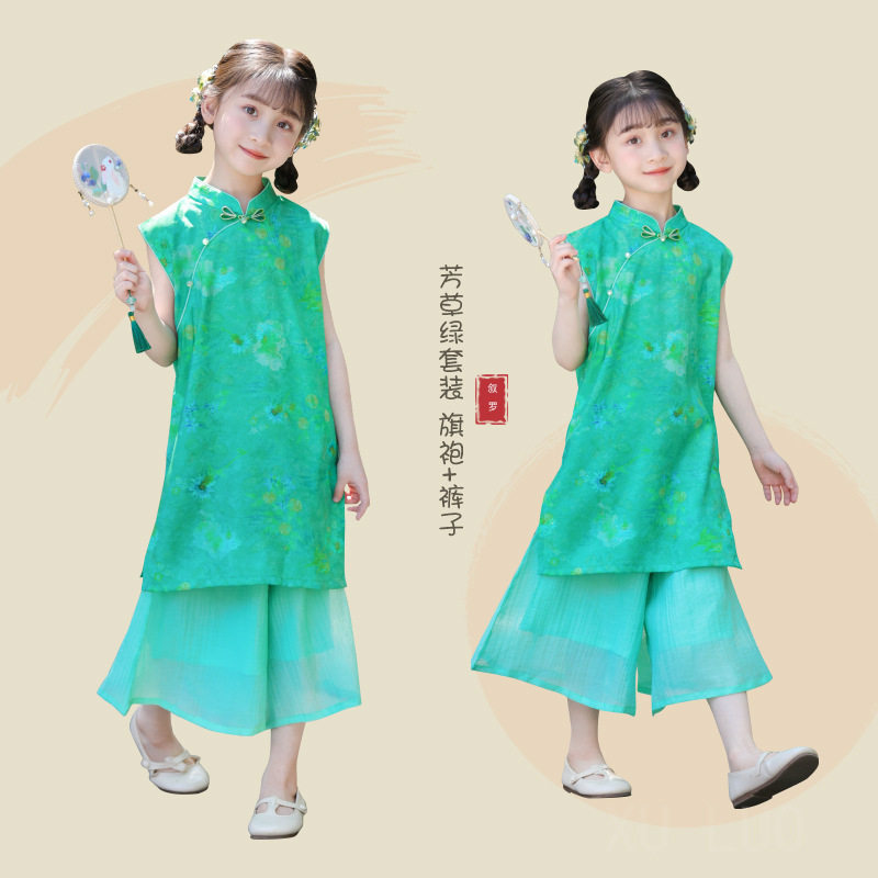 女童文艺旗袍汉服夏季2026新款儿童新中式改良女孩国风阔腿裤套装