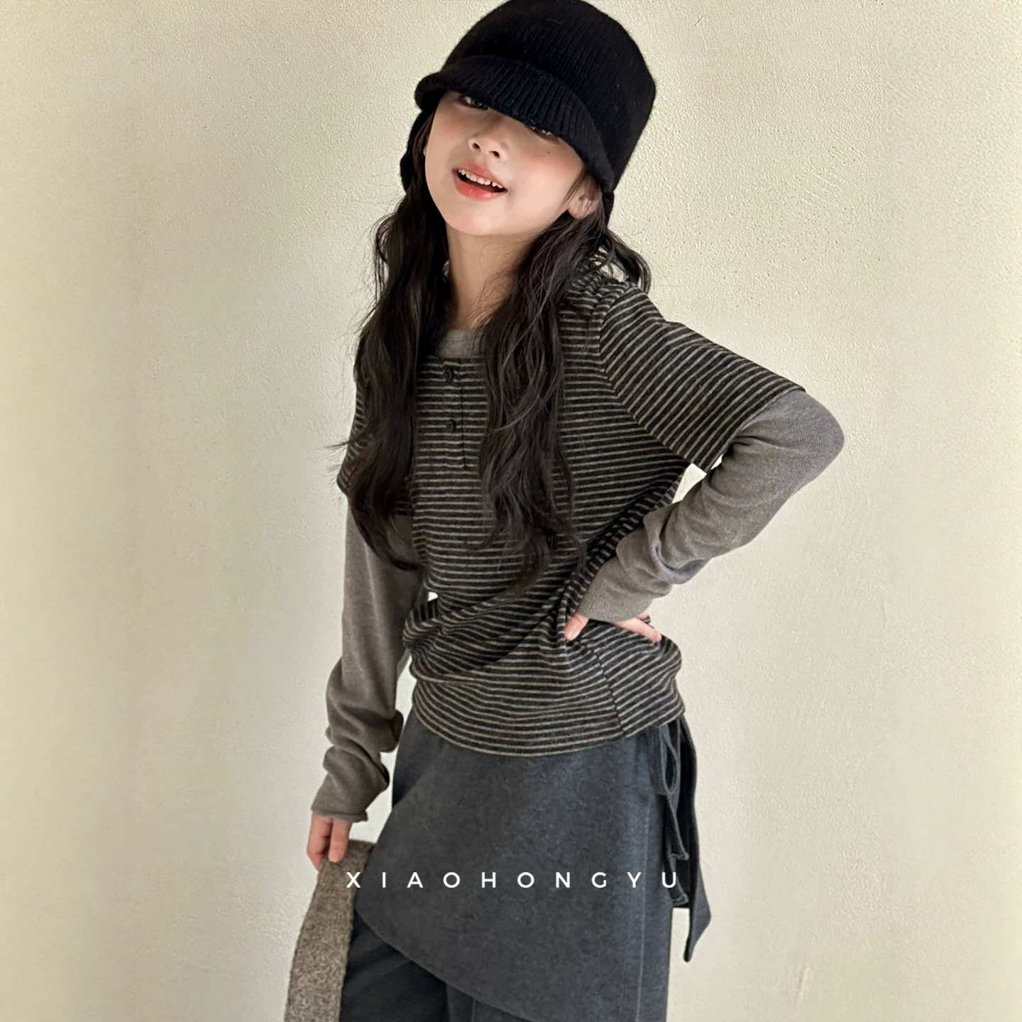 小红鱼女童加厚打底衫秋冬款女大童冬季假两件上衣儿童装亲子衣服