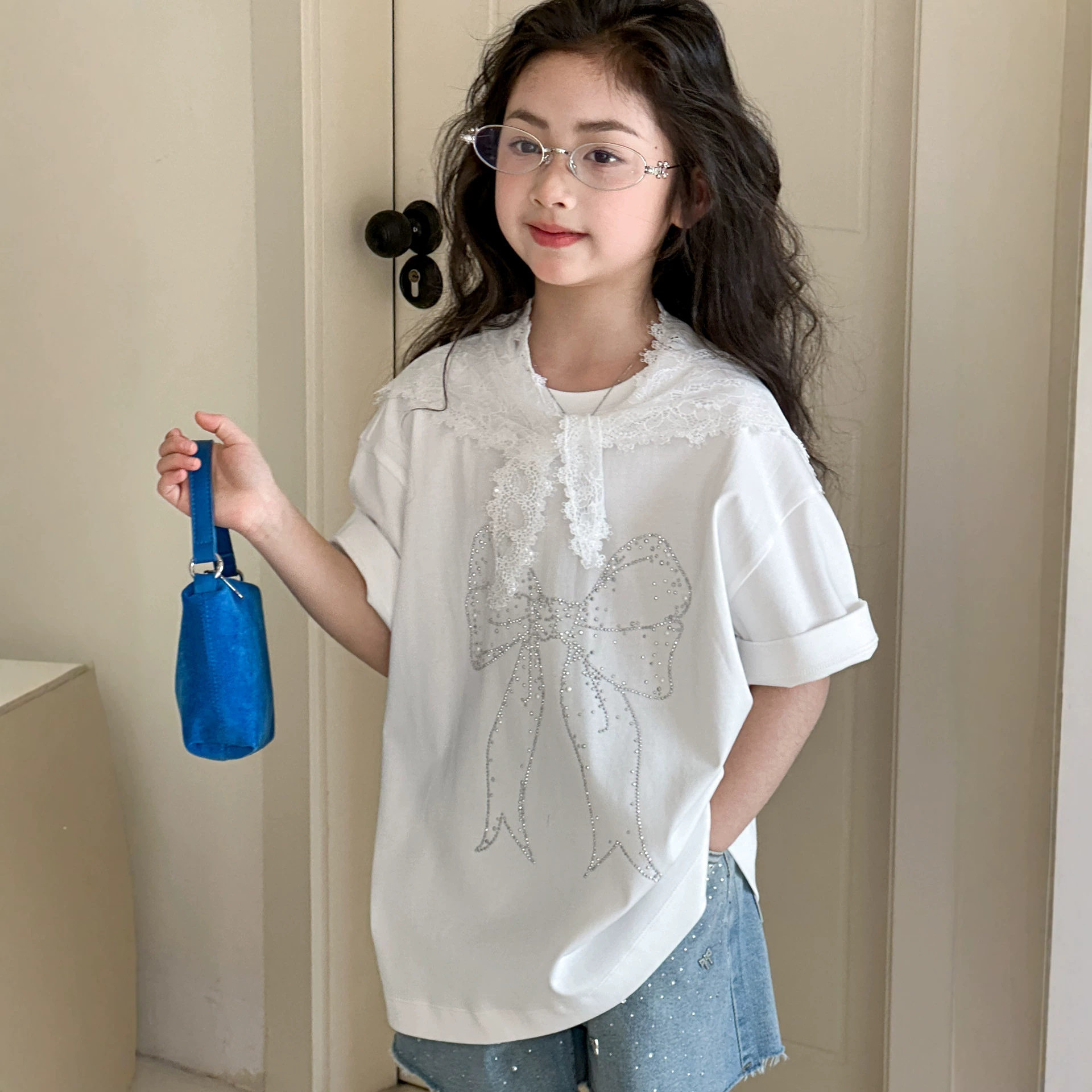 小红鱼女童短袖T恤夏装2026新款夏季亲子装烫钻上衣女孩韩国童装