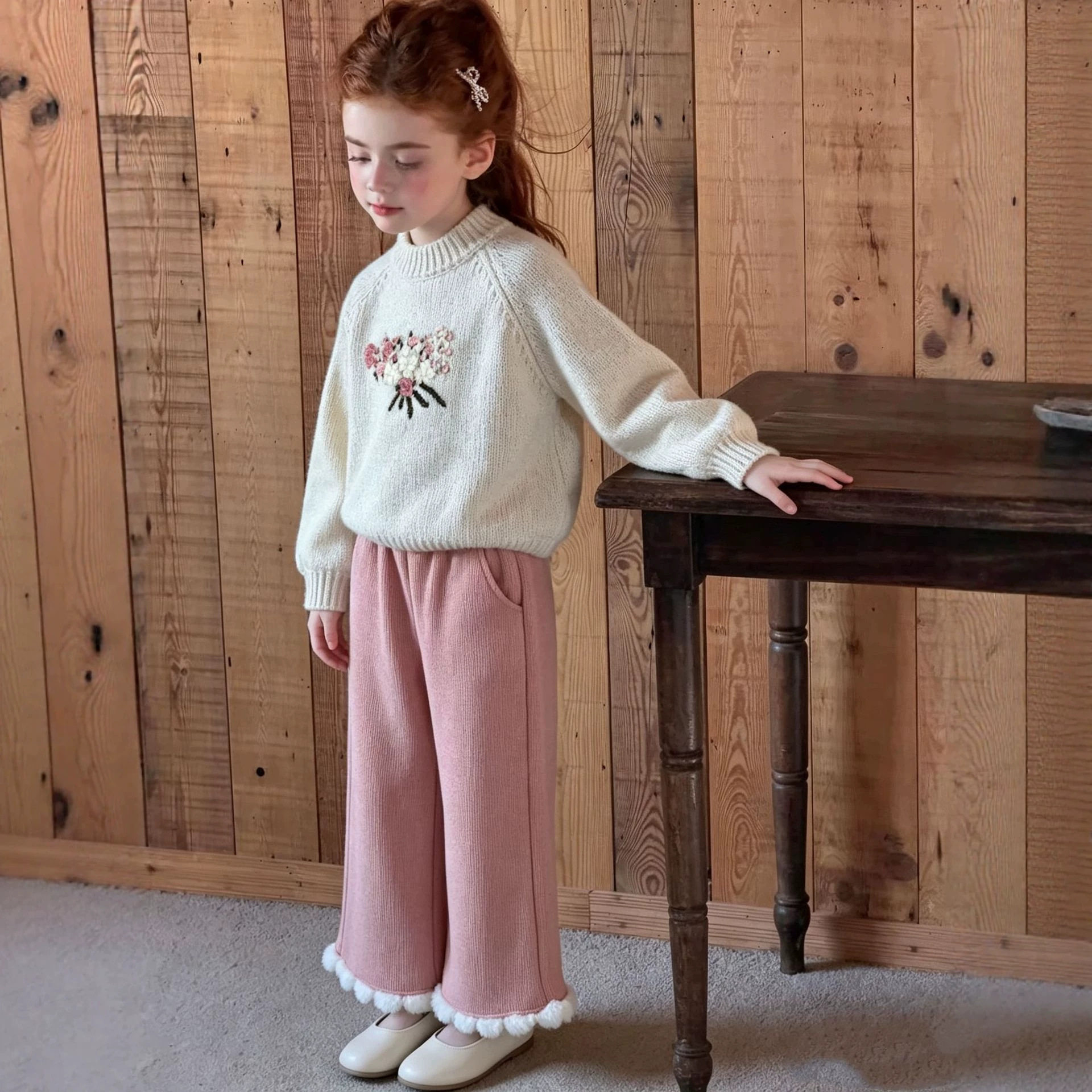 女童立体花圆领毛衣秋冬新款女孩韩系重工儿童针织上衣跨境童装潮