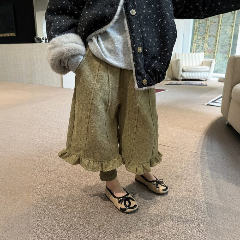 半柚童裤2026冬季女童韩版纯色拼接花边裤儿童加厚一体绒七分裤子