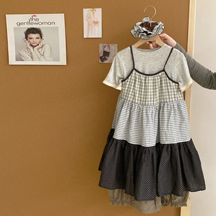 女童叠穿洋气连衣裙三件套夏韩系百搭蕾丝边T恤花边束脚长裤套装