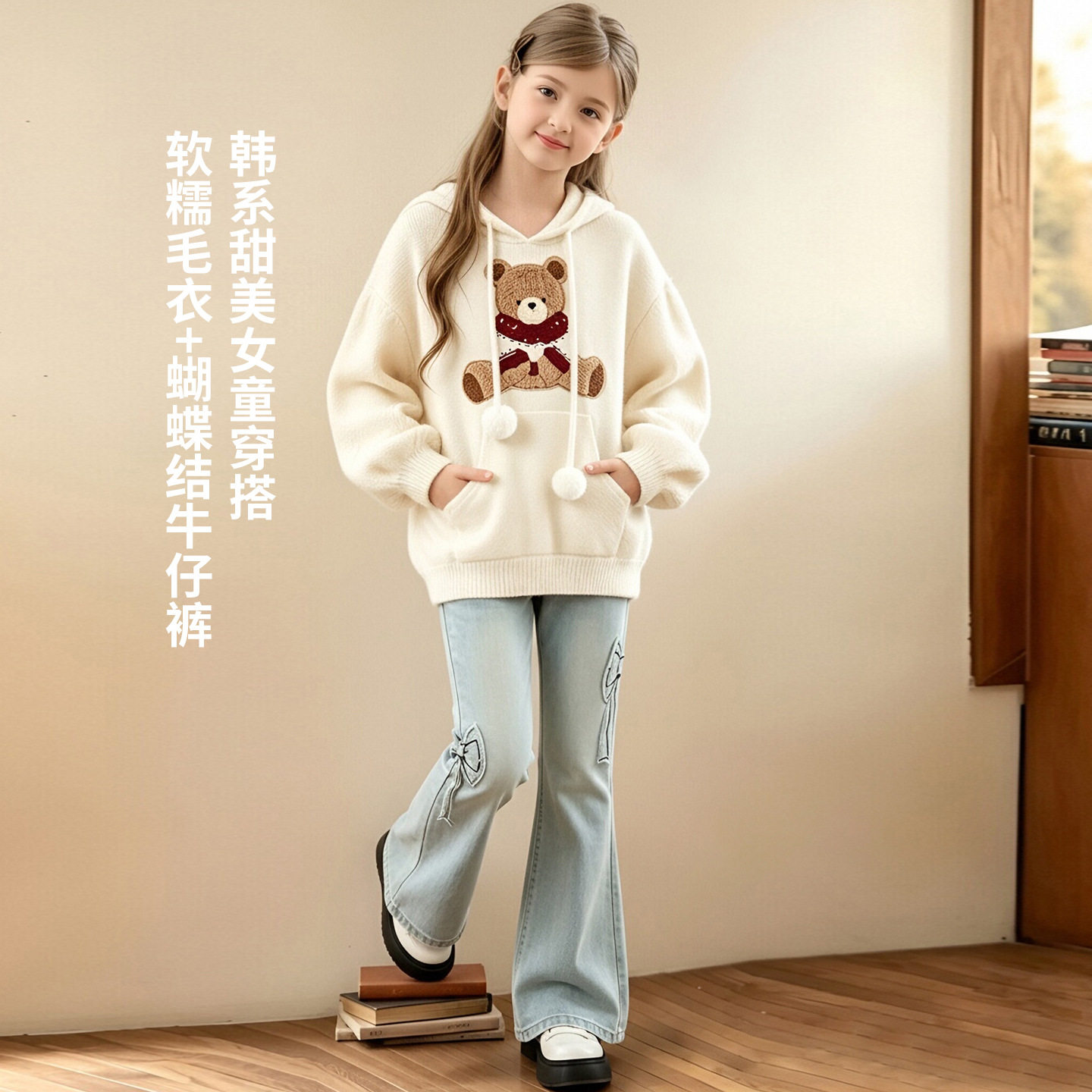 小熊女童毛衣甜美慵懒风连帽儿童毛衣秋冬季杏色针织帽衫长袖上衣