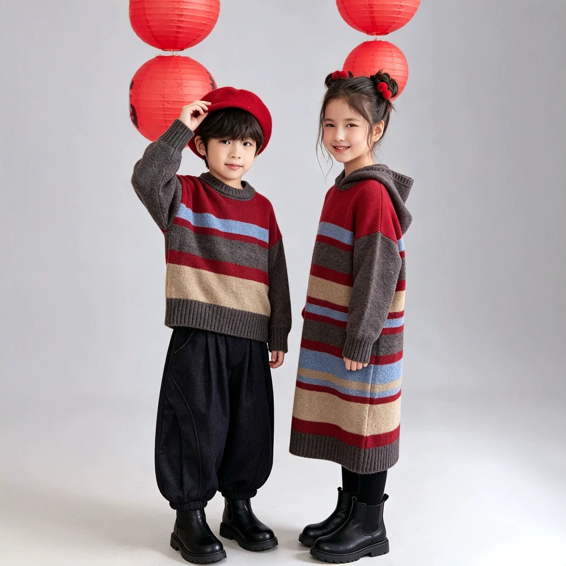 连帽长款毛衣新款男女童针织衫拜年服兄妹红色圆领新年服跨境童装
