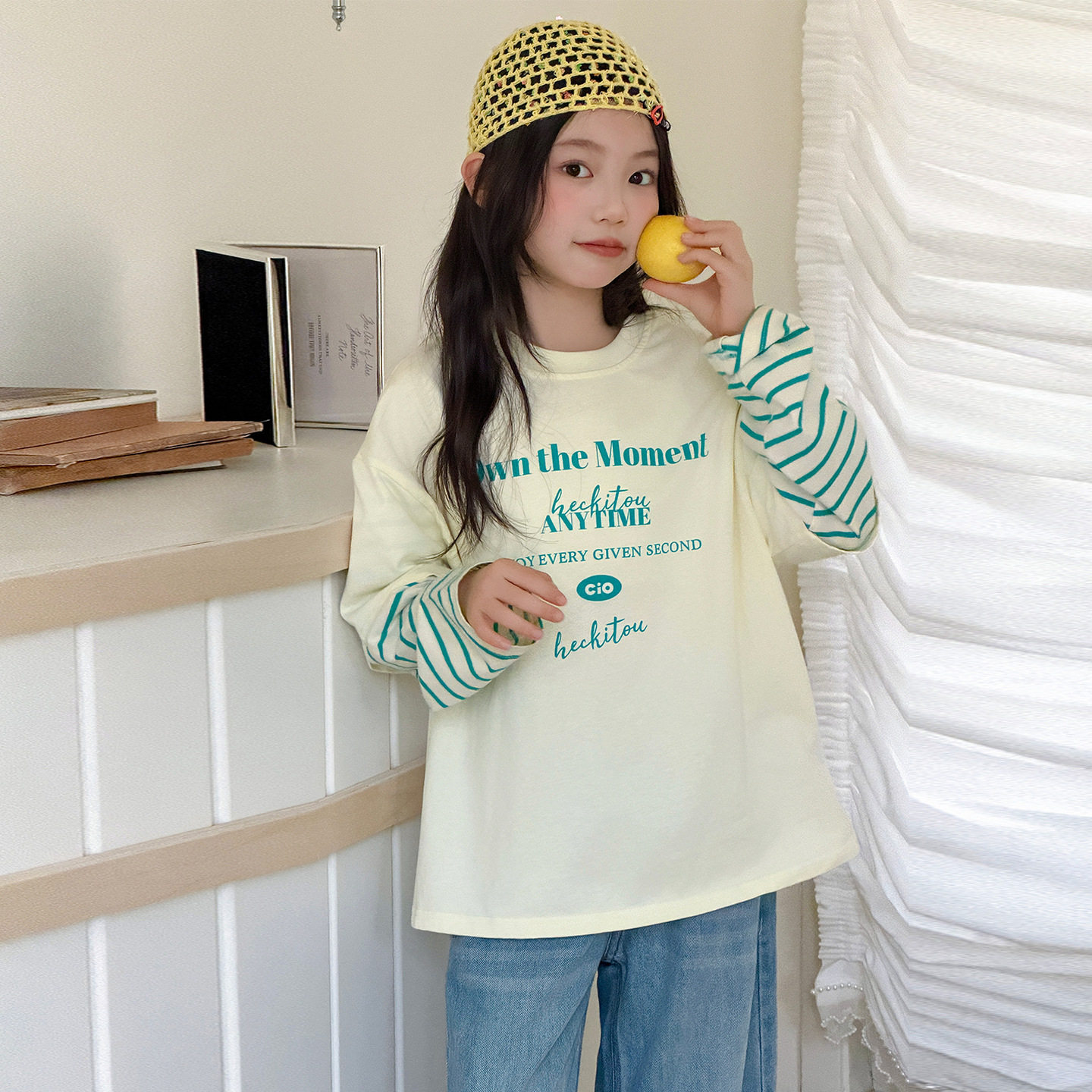 女童长袖T恤2026新款春装女大童韩系假两件儿童洋气超好看打底衫t