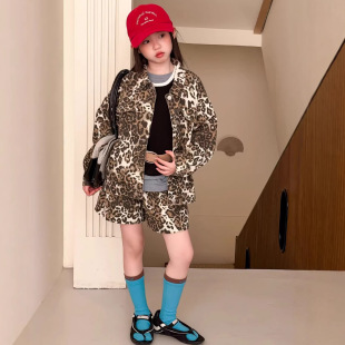 税后价童套装2026春季女童豹纹牛仔外套短裤两件套潮范女宝套装