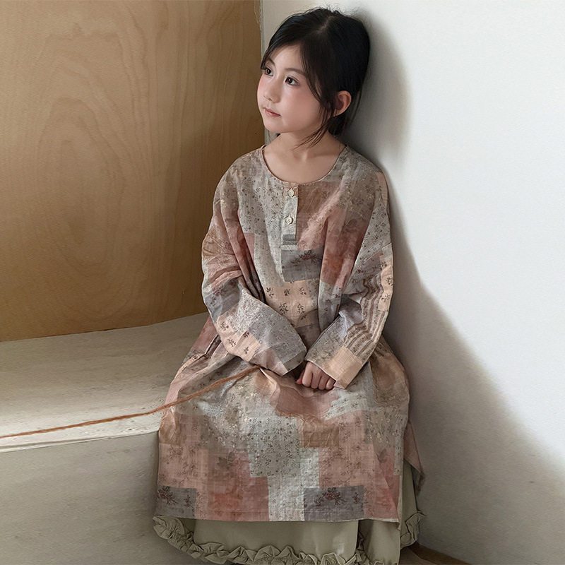 女童连衣裙韩系撞色拼接春秋季儿童休闲洋气百搭花边半身裙套装