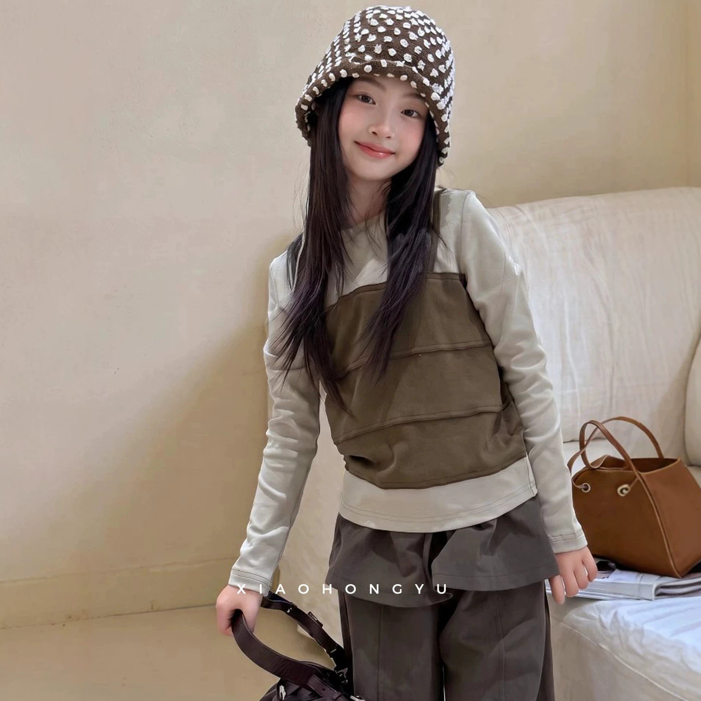小红鱼女童假两件长袖T恤秋装韩国童装女大童青少年秋季亲子上衣