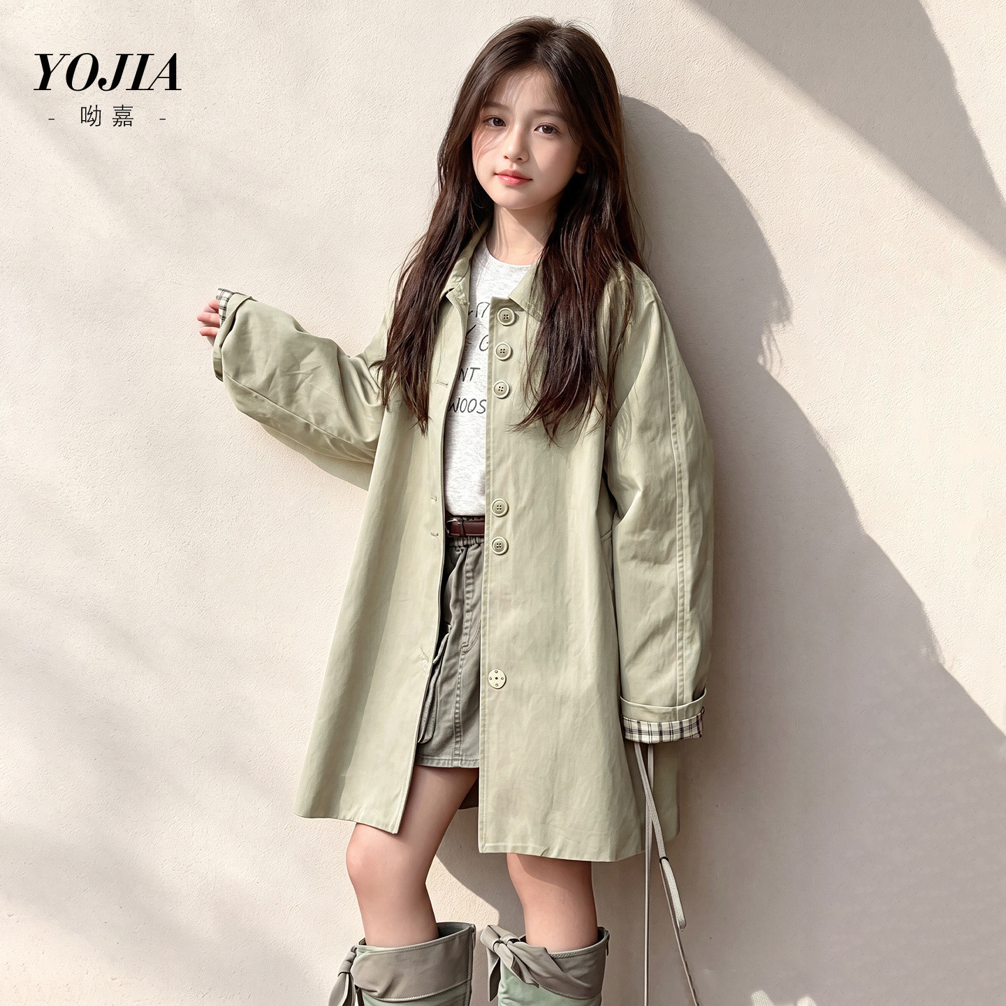 YOJIA女童外套春秋2026新款洋气高级感小女孩风衣中长款儿童秋装
