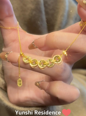 韵饰居~复古新中式 碎冰冰五帝钱 招财好运气精致颈链 小众锁骨链