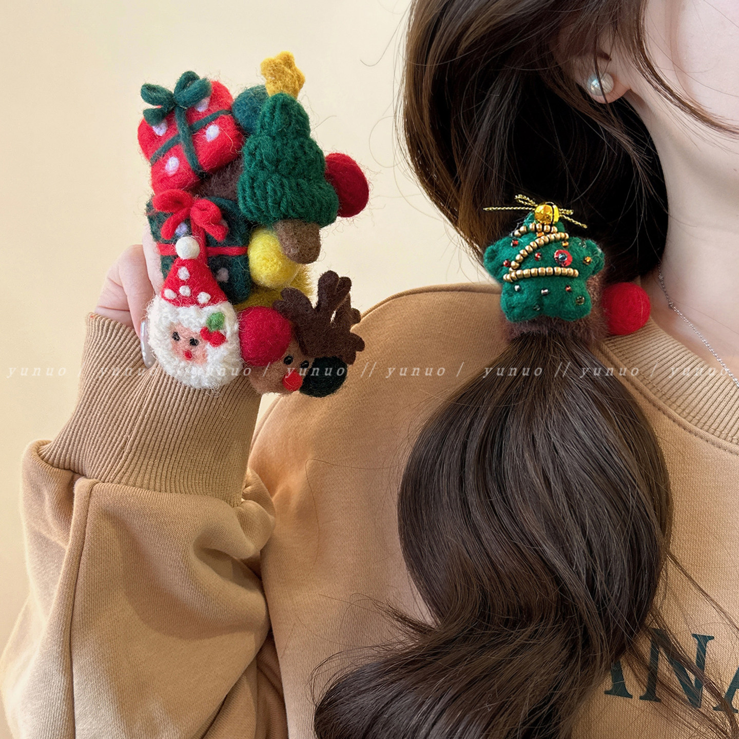 可爱少女圣诞节毛绒发圈女扎马尾头绳高弹力耐用氛围感发绳橡皮筋