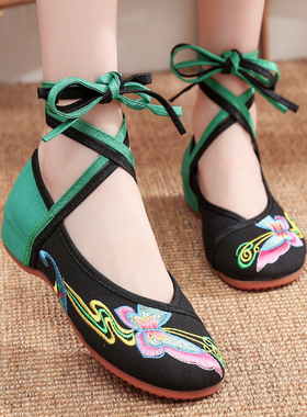 圆头拼色绑带黑色表演单鞋老北京浅口低帮民族风广场舞绣花女布鞋