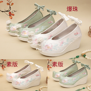 原创7七厘米高跟民族风舞台表演单鞋 女翘头古装汉服老北京绣花鞋