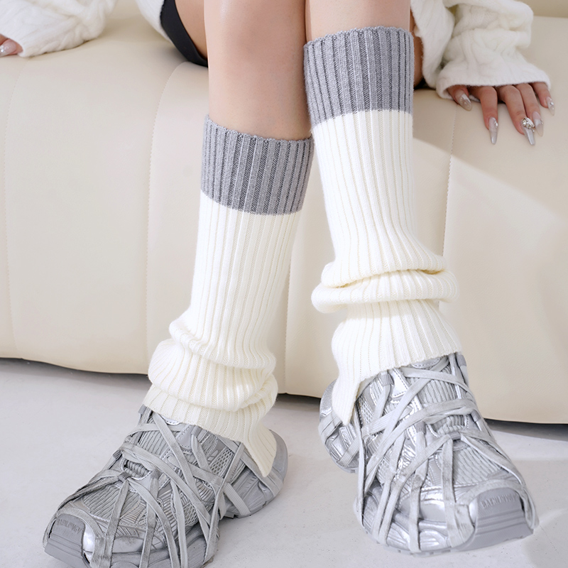 韩版拼色针织袜套小腿套堆堆袜
