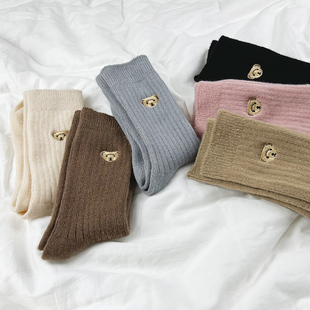 22FW韩国设计师袜子男女中筒刺绣小熊加厚保暖羊毛绒小腿堆堆长袜