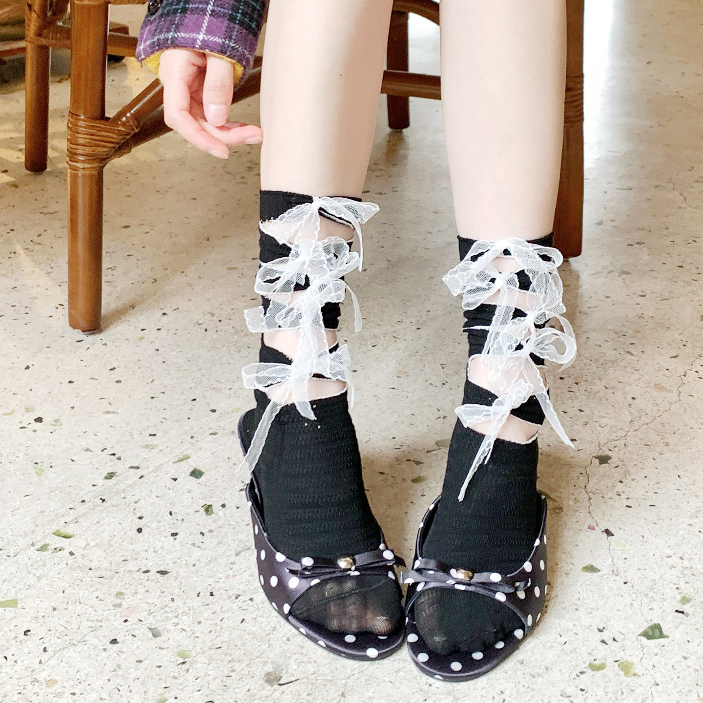 韩版女装博主同款春夏袜子女中筒个性蕾丝绑带芭蕾风显瘦小腿袜潮