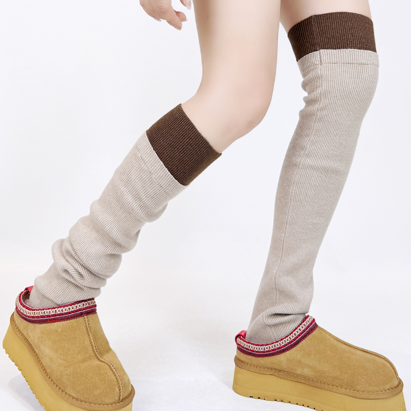 韩版秋冬拼接色过膝堆堆袜套