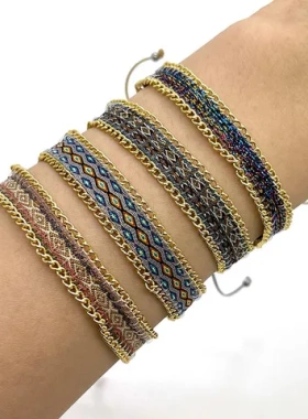 手链手工彩色钉珠波西米尼泊尔链条民族复古编织织带手工欧美