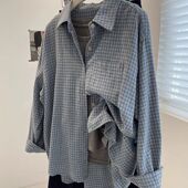 宽松衬衣女外套春秋新款 复古蓝色格子磨毛衬衫 2025慵懒长袖 上衣