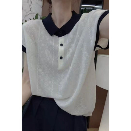 2025新款韩版百搭设计感提花撞色POLO领短袖针织衫正肩上衣女T恤