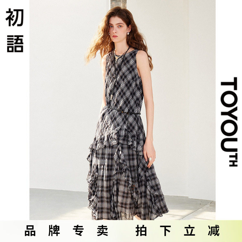 「New! 新品尝鲜」初语TOYOUTH无袖格纹背心连衣裙不规则气质裙子