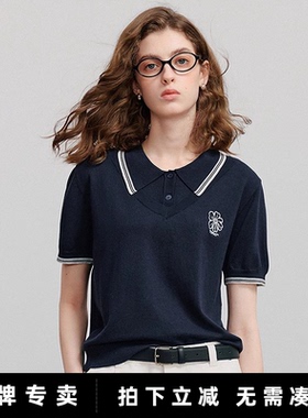 初语藏蓝色学院风针织衫女2025春夏季撞色Polo翻领短袖假两件上衣