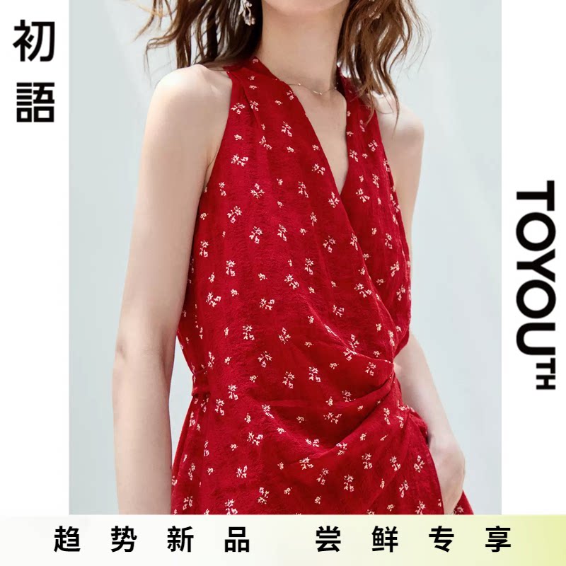 「New! 新品尝鲜」初语TOYOUTH红色v领碎花挂脖无袖连衣裙长裙子