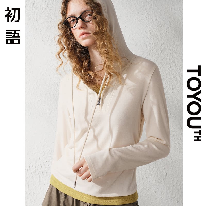 「New! 新品尝鲜」初语TOYOUTH半拉链抽绳连帽卫衣纯色休闲上衣秋