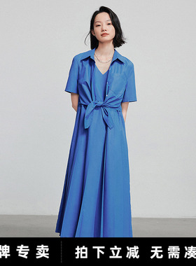 初语蓝色连衣裙长裙女2025夏季新款小众设计收腰垂感百褶裙衬衫裙