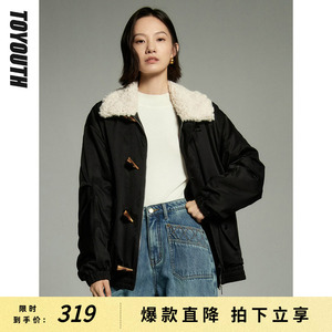 初语毛绒拼接翻领加厚棉衣女2023冬季新款复古牛角扣棉服百搭外套