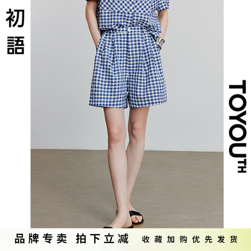 初语复古格纹航海风阔腿短裤女2025夏季新款松紧腰慵懒休闲裤子
