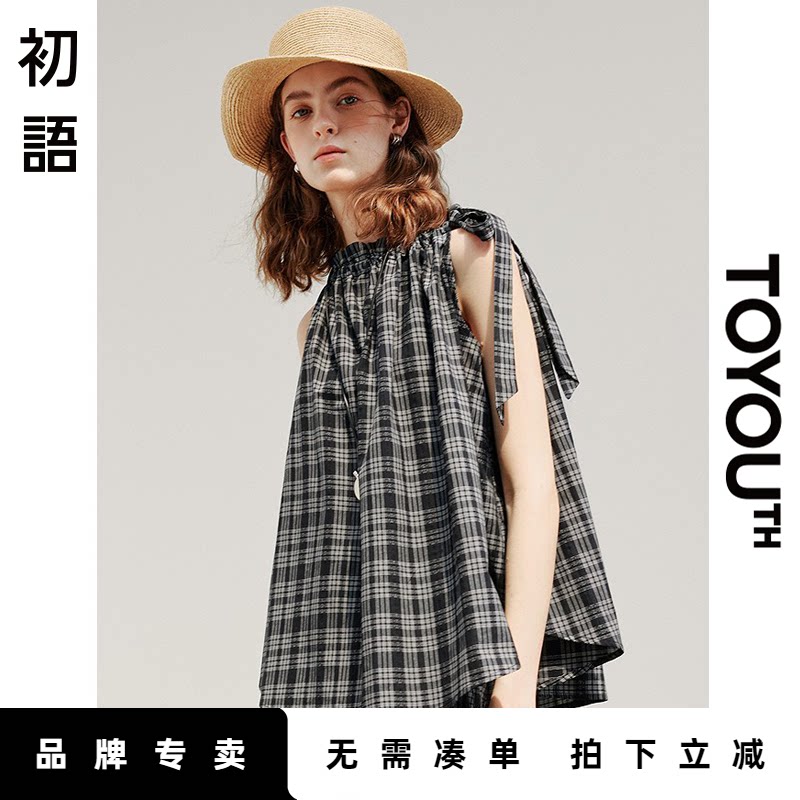 初语复古无袖格子衬衫女夏季2025新款系带挂脖露肩衬衣宽松上衣