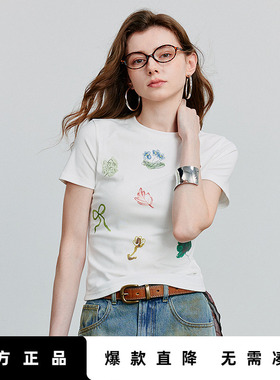 初语甜辣印花白色正肩短袖女t恤夏季修身显短款黑色上衣超好看潮