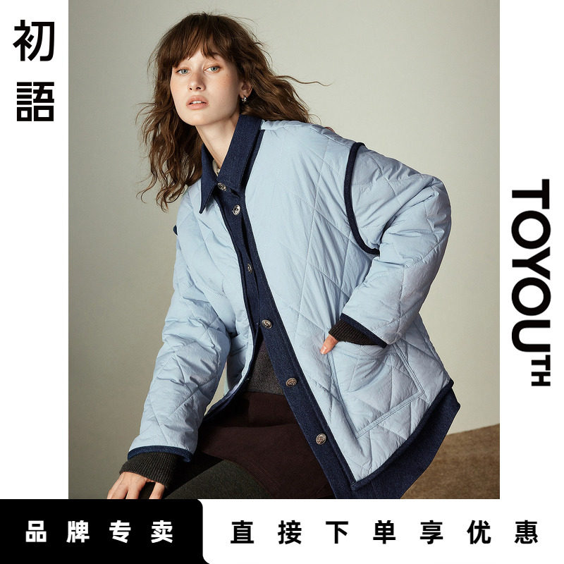 「New! 新品尝鲜」初语TOYOUTH学院风蓝色棉服翻领菱格百搭棉衣
