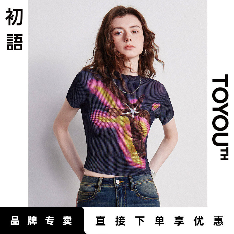 「Sale! 限时直降」初语TOYOUTH修身显瘦时髦短袖t恤短款雪纺上衣